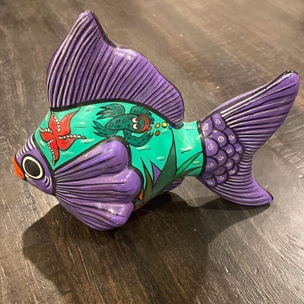 Fish Mexican Hand Painted Terracotta Pottery Purple Green Coastal Beach Decor - Picture 2 of 7